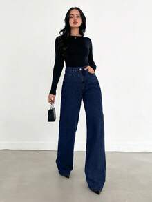 EURMUSE Damskie jeansy z kieszeniami i guzikami, casualowe i uniwersalne, z rozszerzanymi nogawkami - Średni jeans - Zobacz 4