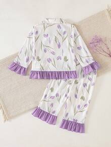 Set Piyama Lengan Panjang Rajut Kasual Lucu Motif Bunga Aprikot untuk Bayi Perempuan - Purple - View 2