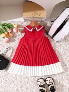 Baby Girls Casual Cute Colorblock Pleated Dress - Red - View 2