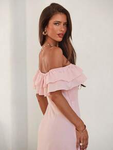 Aloruh Women's Light Pink Bohemia Elegant Summer Vacation Holiday Maxi Dress,Off Shoulder Linen Like Ruffled Fitted Waist Wedding Guest Party Outfits - Baby Pink - View 8