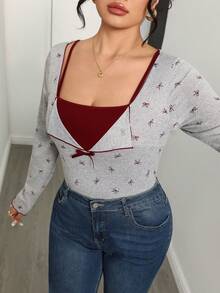 Modelyn Plus Size Women Bow Print 2 In 1 Long Sleeve Casual T-Shirt Gym Brown Autumn - Grey - View 5