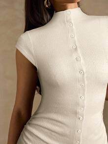 SHEIN BAE Vestido elegante de mujer de unicolor con cuello alto, mangas raglán y ajuste con botones frontales en costilla - Albaricoque - Ver 6