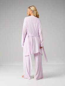 MISSGUIDED Bộ đồ mặc nhà ba món bằng vải dệt kim gân sọc gồm áo hai dây, quần ống rộng và áo choàng cardigan có thắt lưng, mang lại sự thoải mái và thư giãn. - Màu tím hoa cà - Xem 2