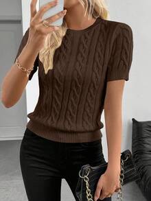 SHEIN Cottnline Blogger-Inspired Twist Rope Decor Round Neck Knit Sweater, Versatile, Autumn/Winter - Brown - View 8