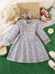 新款时尚女童4-7岁春秋季数码印花长袖连衣裙，时尚可爱日常休闲连衣裙，适合上学、度假、旅行、户外活动、返校等场合。 - 彩色 - 查看 1