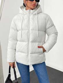 Women's Solid Color Long Sleeve Zipper Front Casual Drawstring Hooded Winter Jacket - Cream - View 3