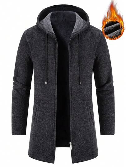 Manfinity Homme 男士简约纯色保暖连帽拉链抽绳开衫，秋冬季保暖长款外套，男士带帽冬季外套