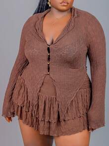 CurvyTilda Plus Size Casual Fitted Long Sleeve Top And Skirt 2 Pieces Set, Suitable For Autumn Brown 2 Pieces Set Crinkle 2 Pieces Set,Fall Clothes For Women, For Hourglass Body Shape - Coffee Brown - View 5