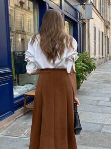 SHEIN Clasi Chân váy midi chữ A đa năng dành cho nữ cỡ lớn, thiết kế thanh lịch, chất liệu vải nhung kẻ, eo chun, khóa kéo bên hông, xẻ tà, thích hợp cho tiệc tùng, ngày Valentine, hẹn hò lãng mạn, lễ hội âm nhạc. - màu nâu - Xem 2