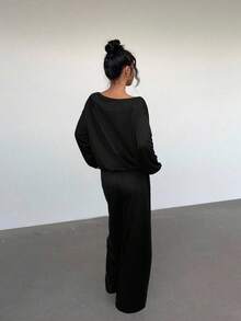 Aloruh 2pcs Women Contrast Color Numeric Print Round Neck Long Sleeve Set - Black - View 2