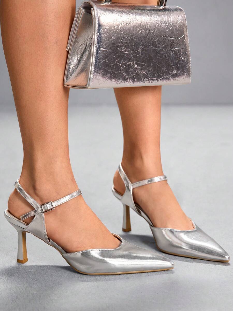 CUCCOO SZL Women's Pointed Toe Buckle Design Everyday Versatile Fashion High Heels - Silver - View 1