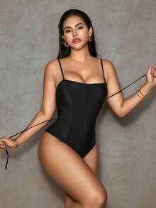 Shapewave 1 pieza Traje de baño de una sola pieza elegante para mujer con bandeau de unicolor y cuerda en forma de espina de pescado, para playa y vacaciones, primavera/verano - Negro - Ver 5
