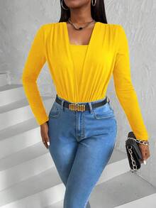 VaVaBold Women's Spring And Summer Pleated Chest Fake Two-Piece Long Sleeve Fashion Bodysuit - Yellow - View 6