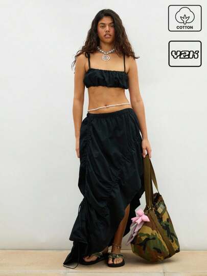 COUREZ Asymmetric Ruched Maxi Skirt /Summer Outfits For Women Y2K Summer Bottoms Summer Clothes Going Out Outfits 100%Cotton 100%Cotton Vintage