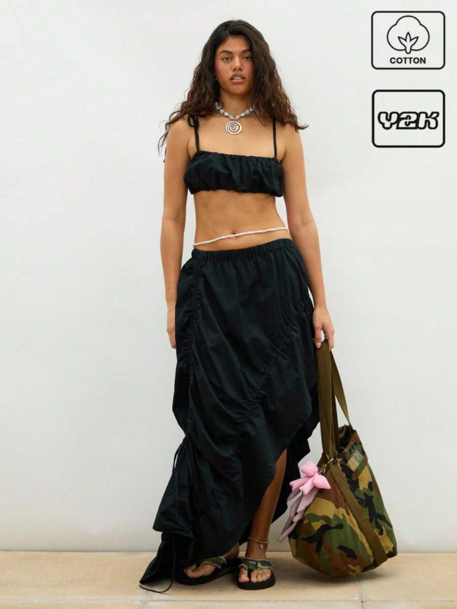 COUREZ 不对称褶皱长裙 / 女士夏季穿搭 Y2K 夏季下装 夏季外出穿搭 100%纯棉 100%纯棉 复古