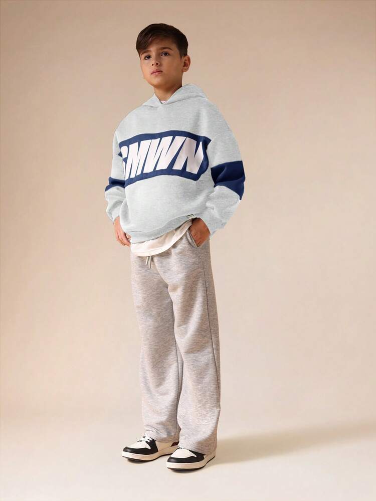 SUMWON 男童超大 Logo 拼接套头连帽衫，罗纹袖口，休闲卫衣，适合秋冬春秋度假穿着 - 淺灰色 - 查看 3