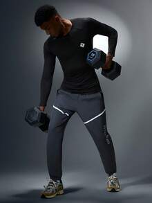 Manfinity Acti Log Men's Slogan Print Contrast Piping Drawstring Waist Slant Pocket Cuffed Sports Pants Sweat Pants - Grey - View 3