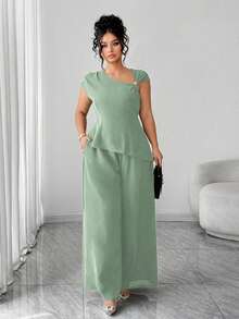 Elenzga 大码女式两件套，无袖上衣配肩带装饰和阔腿裤，优雅荷叶边袖设计，适合返校、毕业典礼、情人节、音乐节、母亲节、万圣节、感恩节、复活节、国庆节、舞会、约会、婚礼、户外活动等场合。 - 綠色 - 查看 1