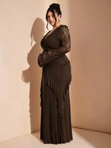 SHEIN BAE 大码女式秋冬弹力网纱深V领荷叶边露背系带蕾丝拼接长袖连衣裙 - 咖啡棕 - 查看 6