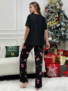 COTOLO Pijamas Mujeres Conjunto de Pijama Navideño: Tecnología de Tie-Dye, Corte Holgado, Colores Negro/Rosa Fucsia/Azul, Estilo Artístico para Hogar y Reuniones Familiares | Pijama Navideña Mujer | Pijamas Navideñas Familiar - Corazón negro - Ver 2