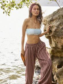 Aralina Women's Casual Chic Elegant Luxury Striped Elastic Waist Baggy Parachute Pants Perfect For Christmas And New Years Outfits - Brown - View 11