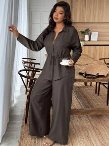 SHEIN LUNE 2pcs Women Cinched Waist Curved Hem Front Long Back Short Shirt And Pants Set,Linen Modest Comfortable Plain Grey,Autumn,Smart Casual,Everyday Blouse - Coffee Brown - View 4