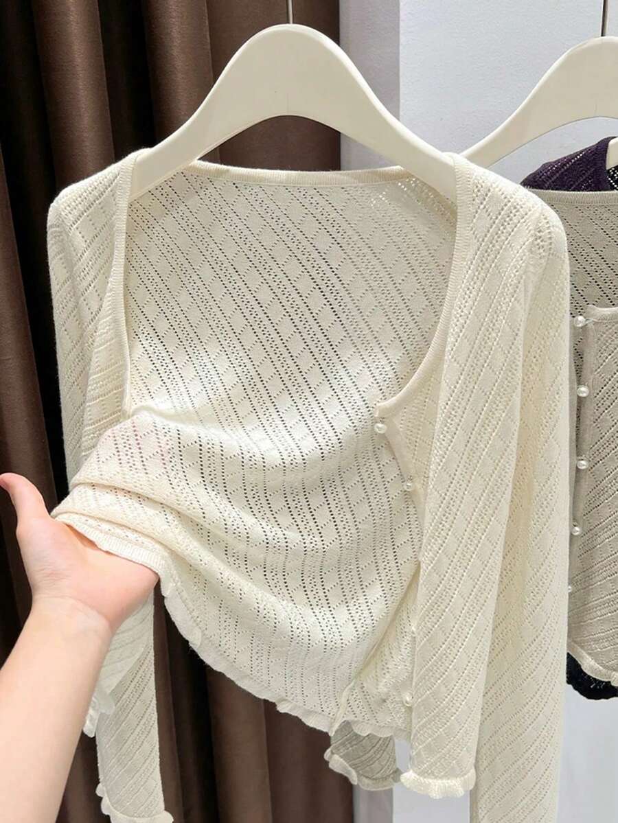 Resyla Cárdigan ligero de manga larga de unicolor y minimalista para uso diario de mujer - Beis - Ver 1