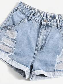 Breezaya Quần short denim nữ cỡ lớn, phong cách đường phố, thích hợp cho mùa xuân/hè. - Rửa nhẹ - Xem 4