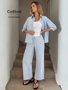 SHEIN LUNE Conjunto informal de 3 piezas para mujer para el aeropuerto: Camisa de punto con abertura delantera a rayas azules y blancas, pantalones a juego a rayas azules y blancas, y top blanco de primavera/verano - Azul y blanco - Ver 5