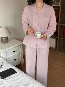 DAZY 宽松简约纹理绉纱面料女士睡衣套装 - 粉色 - 查看 3