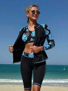 SHEIN Swim SPRTY 3 Pieces Bikini Set: Knee Length Shorts, Tight-Fit Tank Top, Zip-Front Long Sleeve Cover Up. For Water Sports/Beach, UV Protection, Modest Design For Women For Summer Beach Vacation - Multicolor - View 3