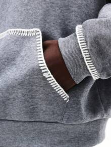 SUMWON Contrast Stitch Detail Hoodie With Heathered Fleece Fabric And Centre Pocket For Casual Winter Comfort Plain - Grey - View 6