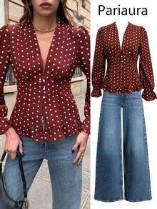 Pariaura New French Retro Elegant Polka Dot Woven Printed Long - Sleeve Waist - Cinching Top: Encounter The Fashion Fusion Of Romance And Retro - Brown - View 6