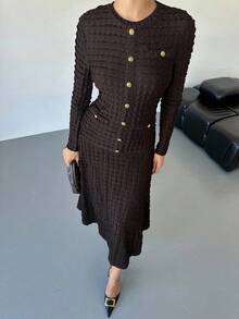 SHEIN Clasi 大码女士优雅简约长袖连衣裙 - 棕色 - 查看 3