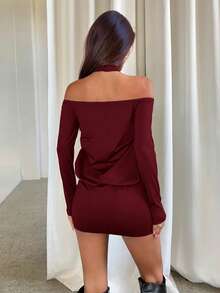 Aloruh Đầm ngắn tay dài cổ yếm màu trơn trang trí kim loại dành cho nữ - Màu Đỏ Sâu - Xem 3