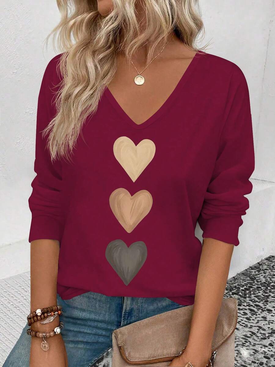 EMERY ROSE Kaos Lengan Panjang Kasual Wanita Model V-Neck dengan Manset Mengembang, Motif Hati Ombre Terlaris, Musim Semi/Gugur - Burgundy - View 1