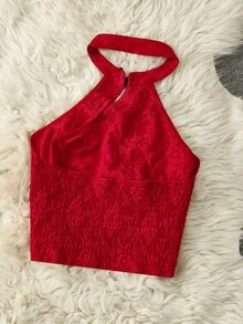 GlowEve Top corto sin mangas con cuello mao de tela jacquard texturizada, diseño sofisticado de color block, ajuste ceñido, elegante y sexy, adecuado para cumpleaños, citas, fiestas, San Valentín, Primero de Mayo, Pascua, viajes, primavera/verano - Rojo - Ver 2