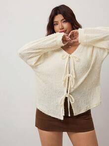 SHEIN Unity Plus Size Women Solid Color Knit French Fuzzy Sweater, Bow Tie Front Design, Suitable For Casual, Home, And School Wear, Autumn/Winter, For Apple Rounded Body Shape - Apricot - View 6