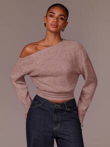 Athîral Women's Solid Color Minimalist Oblique Shoulder Long Sleeve T-Shirt, Everyday Wear - Pink - View 3