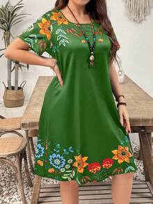 EMERY ROSE 大码女式碎花圆领短袖A字连衣裙 - 綠色 - 查看 3