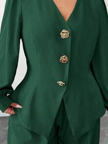 Elenzga Plus Size Elegant Women's Dark Green 2 Pieces Set,Formal Autumn V-Neck Gold Button Long Sleeve Blazer And Pants Suit For Wedding,Gala,Party & Office - Dark Green - View 4