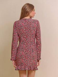 lacRébo Pink Disty Floral Print Woven Long Sleeve Mini Dress With Ruffle Hem Spring Summer Spring Spring Dress French Style Parisian Style - Multicolor - View 2