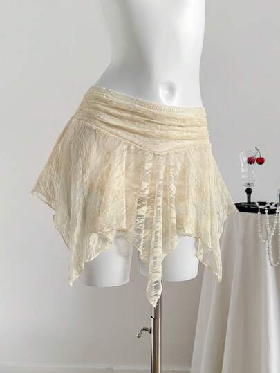 Comfortcana Váy ren viền bất đối xứng màu trơn mùa hè cho nữ