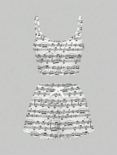 J-Fashion Y2K Music Note & Babe Print Camisole & Shorts Pajama Set, Casual Loungewear
