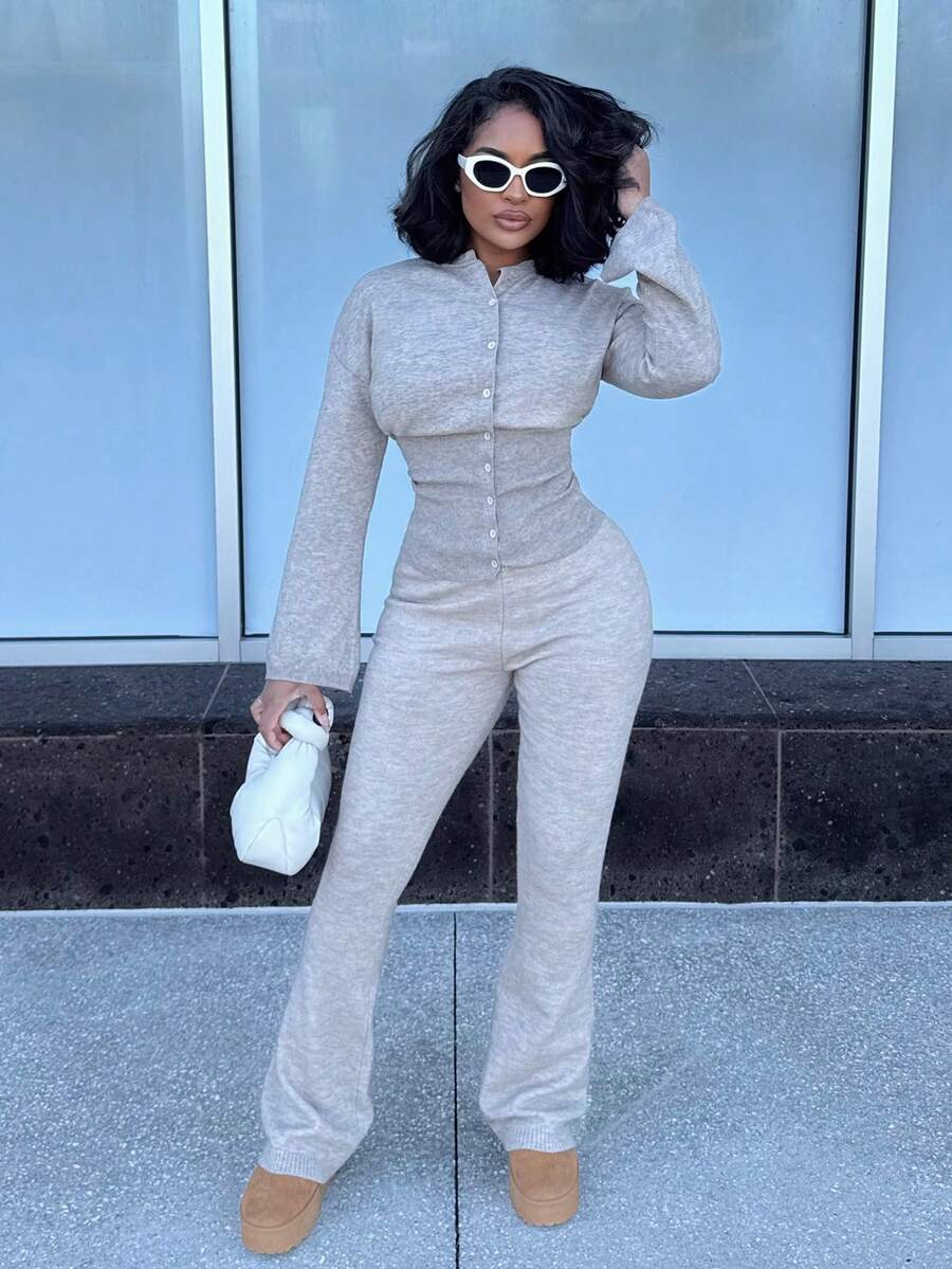 Alexandranx 女式休闲落肩长袖纯色针织开衫，秋季 - 駝色 - 查看 1