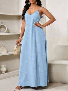 SHEIN Lady Đầm Maxi Rộng thùng thình cho Nữ Đầm Maxi Không Dây, Đầm Dự Tiệc Sinh Nhật & Sự Kiện/Đầm Ngày Lễ Trang Phục Kỳ Nghỉ Đầm Nữ Boho/Bohemia/Boho Quần Áo Nữ Áo Halter Top Quần Áo Phụ Nữ Châu Phi Đầm Nữ Đầm Nhiệt Đới Mùa Hè Cho Nữ Hàng Mới Về Đầm Nữ Đầm Đi Biển Đầm Phục Sinh / Đầm Phục Sinh Nữ / Trang Phục Phục Sinh Nữ - Màu xanh nhạt - Xem 6