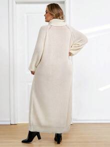 SHEIN CURVE+ 秋冬季大码女士纯色休闲长袖毛衣连衣裙 - 杏色 - 查看 2