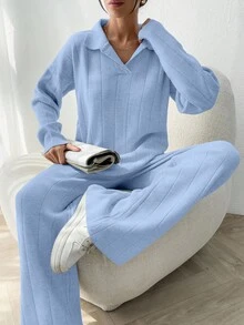 EURMUSE 2pcs Solid Color Ribbed Polo Neck Loose Knit Sweaters Everyday Travel Light Blue Autumn Casual - Baby Blue - View 5
