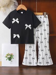 Conjunto de Top de Manga Curta Raglan com Laço 3D Elegante e Fofo e Calça Flare com Estampa de Laço, Preto e Branco, Adequado para Uso Diário, Férias, Primavera e Verão - Meninas Jovens - Preto e Branco - Visão 3