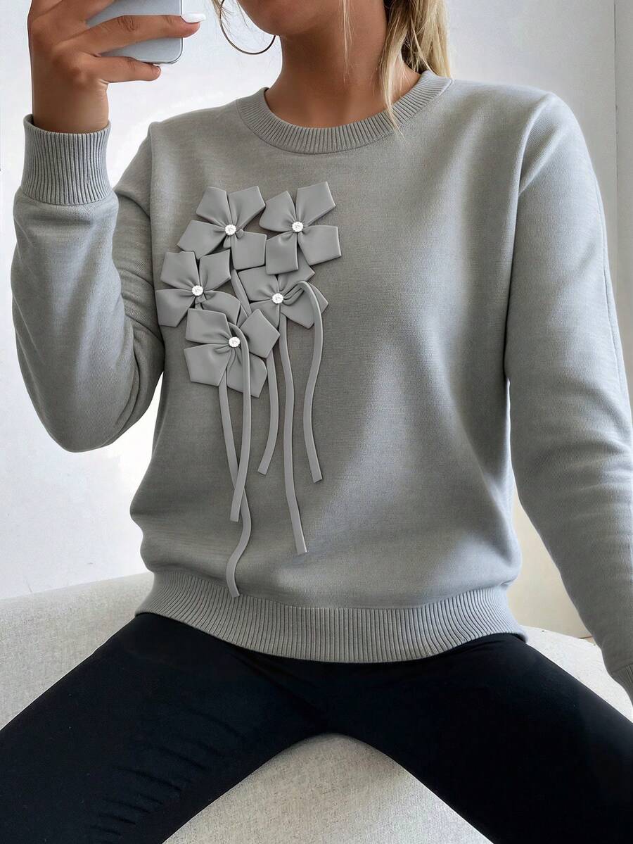 Elegante suéter de otoño e invierno para mujeres - decoración de lazo en la parte delantera, tela térmica de color sólido, suéter de Pull - up, adecuado para calles, fiestas, fiestas - Gris - Ver 1